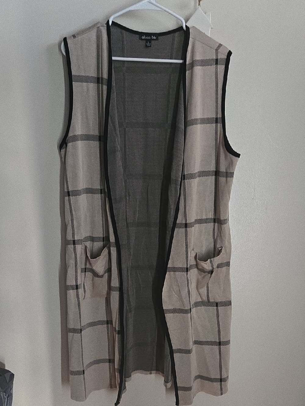 olive blu Sleeveless Plaid Open Cardigan